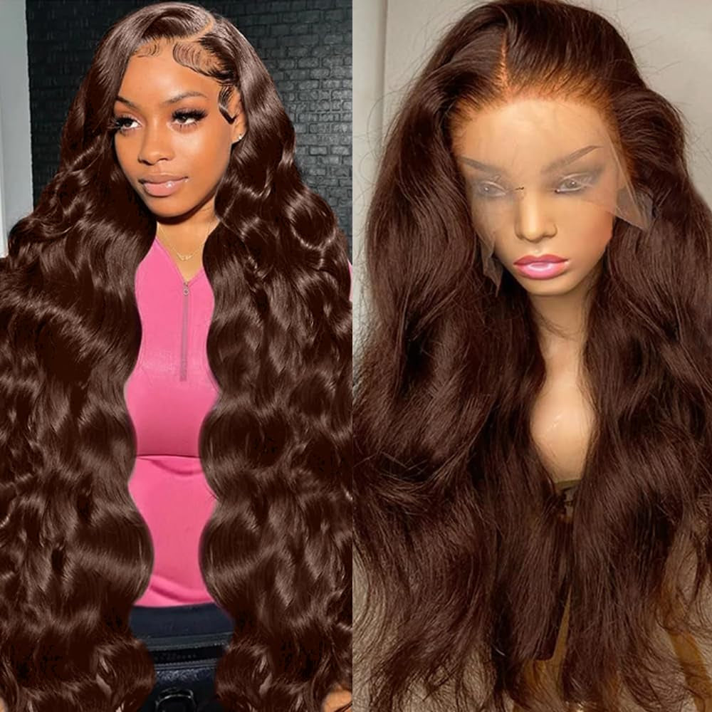 28Inch Chocolate Brown Lace Front Wig Human Hair 13X6 HD Transparent Body Wave Lace Front Wigs Human Hair Pre Plucked Glueless Frontal Brown Wig Human Hair 180% Density #4