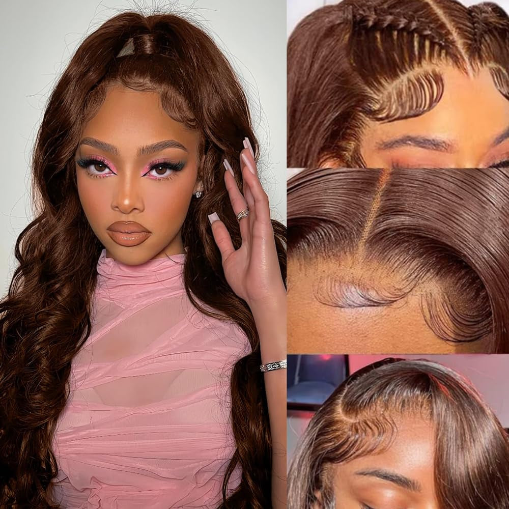 28Inch Chocolate Brown Lace Front Wig Human Hair 13X6 HD Transparent Body Wave Lace Front Wigs Human Hair Pre Plucked Glueless Frontal Brown Wig Human Hair 180% Density #4