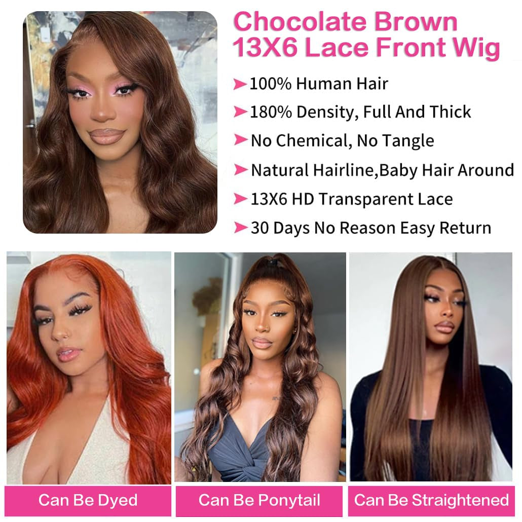 28Inch Chocolate Brown Lace Front Wig Human Hair 13X6 HD Transparent Body Wave Lace Front Wigs Human Hair Pre Plucked Glueless Frontal Brown Wig Human Hair 180% Density #4