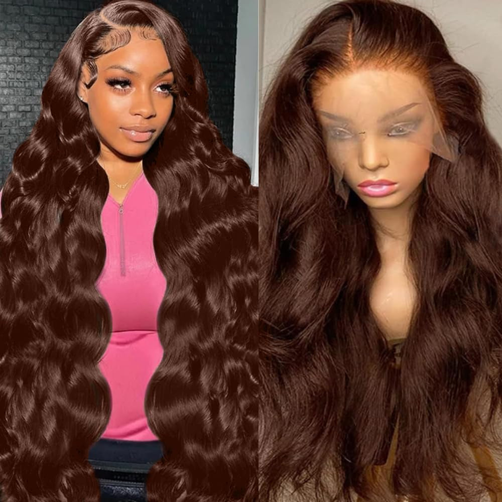 28Inch Chocolate Brown Lace Front Wig Human Hair 13X6 HD Transparent Body Wave Lace Front Wigs Human Hair Pre Plucked Glueless Frontal Brown Wig Human Hair 180% Density #4