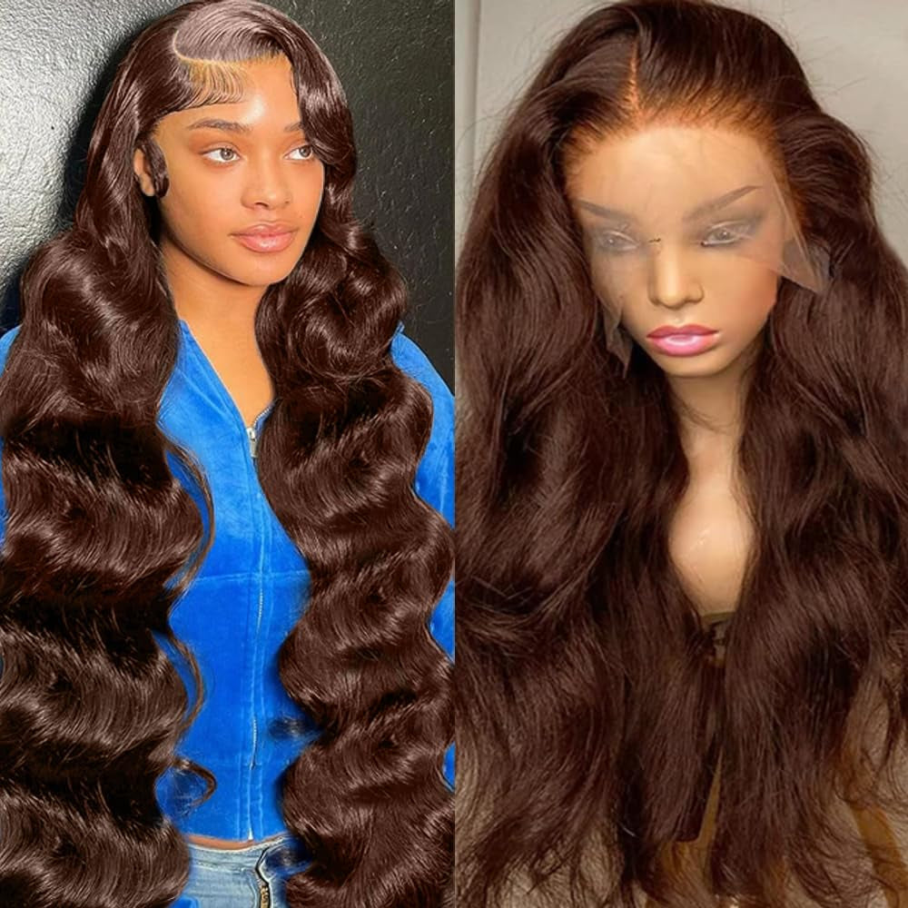 28Inch Chocolate Brown Lace Front Wig Human Hair 13X6 HD Transparent Body Wave Lace Front Wigs Human Hair Pre Plucked Glueless Frontal Brown Wig Human Hair 180% Density #4