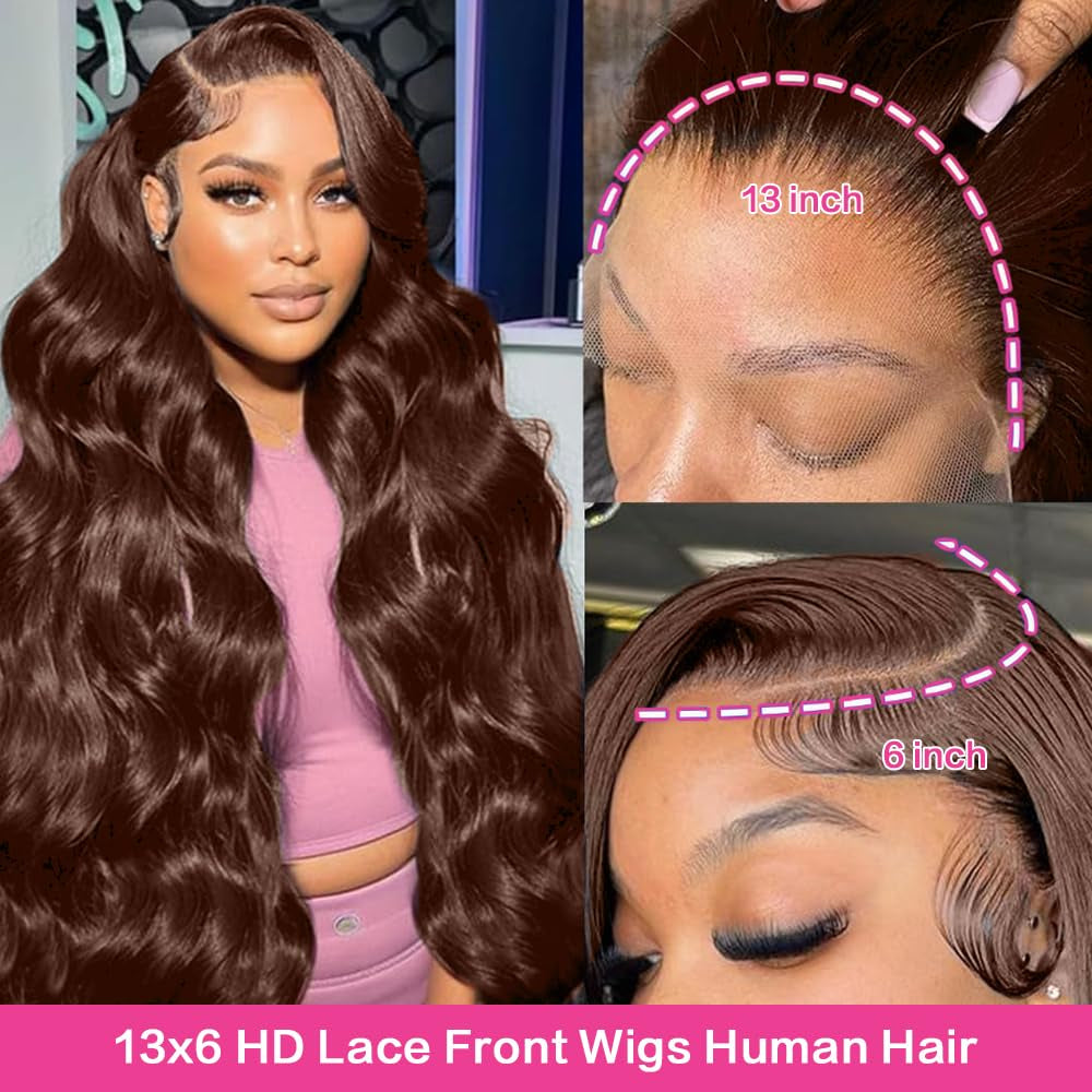 28Inch Chocolate Brown Lace Front Wig Human Hair 13X6 HD Transparent Body Wave Lace Front Wigs Human Hair Pre Plucked Glueless Frontal Brown Wig Human Hair 180% Density #4