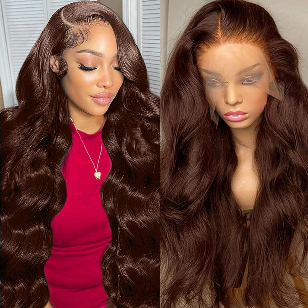 28Inch Chocolate Brown Lace Front Wig Human Hair 13X6 HD Transparent Body Wave Lace Front Wigs Human Hair Pre Plucked Glueless Frontal Brown Wig Human Hair 180% Density #4